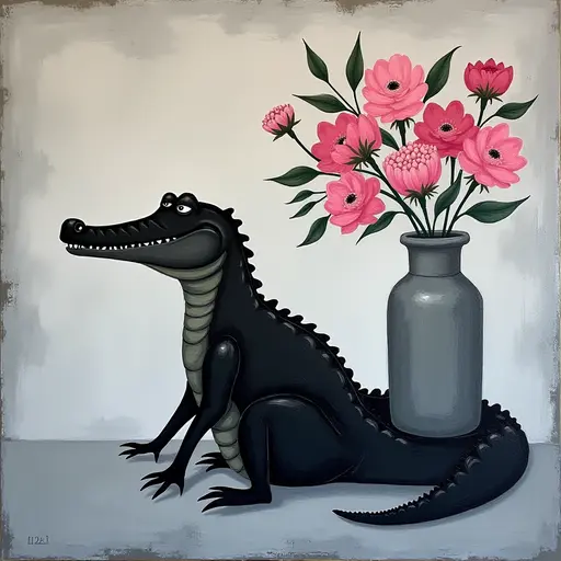 Abstract textured painting of a black Crocodile sitting next to a vase with pink flowers, in the style of Ann Froud and Paulina P., against a gray background.