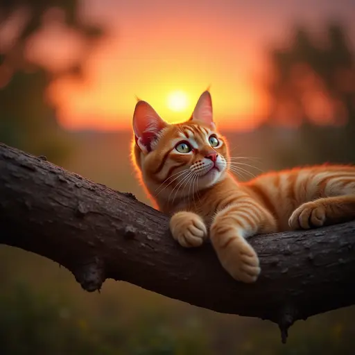 An orange tabby cat lounging on a thick tree branch, gazing lazily at the sunset, with vibrant orange and pink skies reflecting in its bright green eyes.