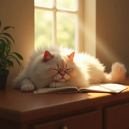 A Persian Cat is sprawled on a book, sunlight streaming through the window onto its body, with its eyes half-closed, seemingly enjoying this peaceful and beautiful moment - 3d 8k hyper real octane render blender