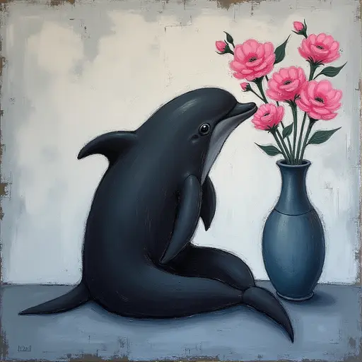 Abstract textured painting of a black Dolphin sitting next to a vase with pink flowers, in the style of Ann Froud and Paulina P., against a gray background.