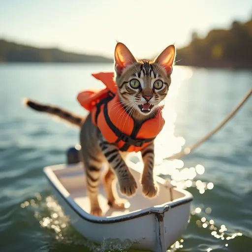 A playful Bengal cat wearing a tiny life jacket, jumping off a small boat into the water, with the sun shining brightly overhead.