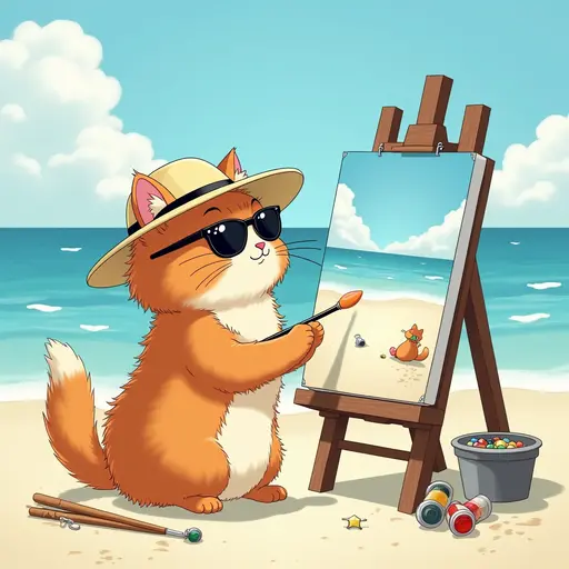 A cat(Norwegian Forest Cat) in a sun hat and sunglasses, painting a canvas of the beach scene, with easels and art supplies scattered around, in the style of Miyazaki.