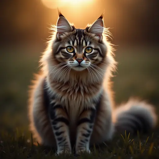 A plush Norwegian forest cat, exquisite detail, 30-megapixel, 4k, 85-mm-lens, sharp-focus, intricately-detailed, long exposure time, f/8, ISO 100, shutter-speed 1/125, diffuse-back-lighting, award-winning photograph, facing-camera, looking-into-camera, monovisions, elle, small-catchlight, low-contrast, High-sharpness, facial-symmetry, depth-of-field, golden-hour, ultra-detailed photography