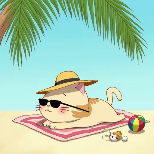 A cat wearing a straw hat and sunglasses, lounging on a beach towel under a palm tree, with a colorful beach ball nearby, in the style of Miyazaki.