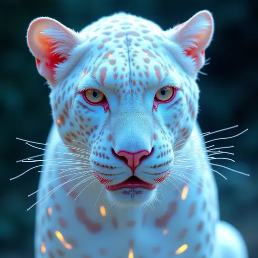 a hyper realistic image in 4K of albino Leopard that looks wears a second skin made of liquid metal shiney glass on her face that shines in neon transparent like glue, similar to an instagram filter