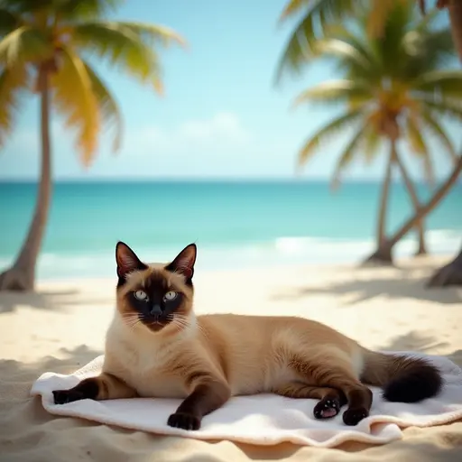 A sleek Balinese cat lounging on a beach blanket, soaking up the sun while surrounded by palm trees and a picturesque view of the ocean.