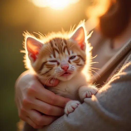 A small kitten is nestled in its owner's arms, bathed in warm sunlight, purring softly, seemingly savoring this moment of carefree happiness.