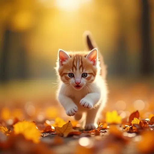 In an autumn park, a little kitten leaps among the colorful fallen leaves, its fur gently swaying in the breeze, looking incredibly lively.