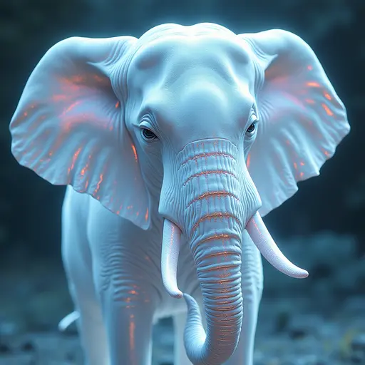 a hyper realistic image in 4K of albino Elephant that looks wears a second skin made of liquid metal shiney glass on her face that shines in neon transparent like glue, similar to an instagram filter