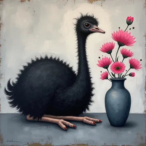 Abstract textured painting of a black Ostrich sitting next to a vase with pink flowers, in the style of Ann Froud and Paulina P., against a gray background.