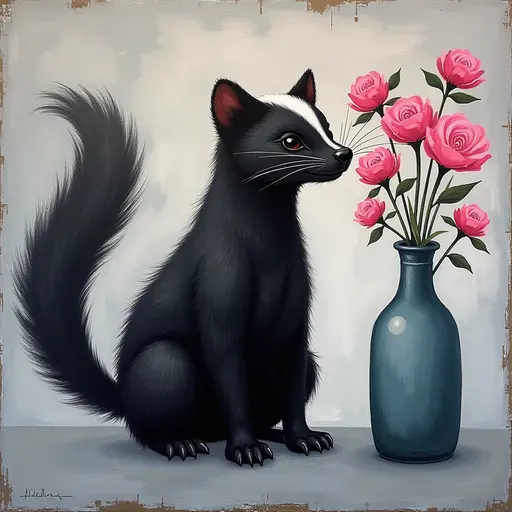 Abstract textured painting of a black Skunk sitting next to a vase with pink flowers, in the style of Ann Froud and Paulina P., against a gray background.