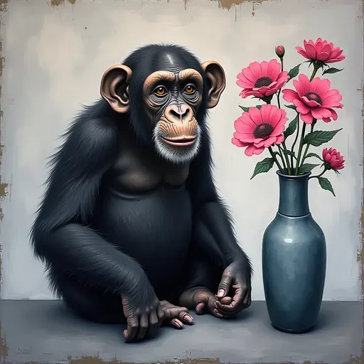 Abstract textured painting of a black Chimpanzee sitting next to a vase with pink flowers, in the style of Ann Froud and Paulina P., against a gray background.