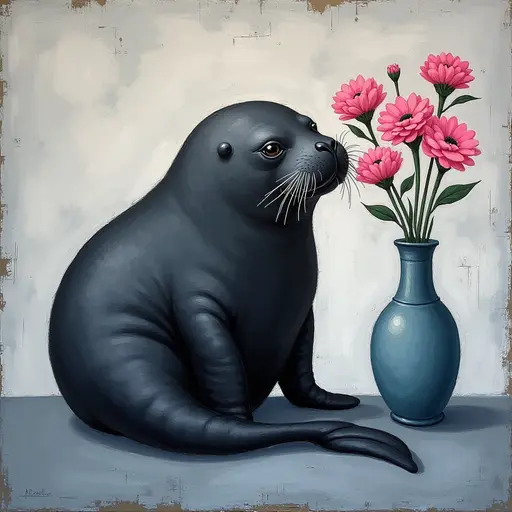 Abstract textured painting of a black Manatee sitting next to a vase with pink flowers, in the style of Ann Froud and Paulina P., against a gray background.