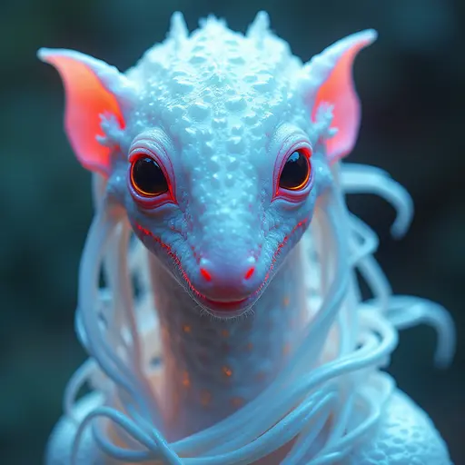 a hyper realistic image in 4K of albino Anteater that looks wears a second skin made of liquid metal shiney glass on her face that shines in neon transparent like glue, similar to an instagram filter