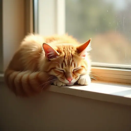 A fluffy orange cat curled up on a sunny windowsill, napping peacefully with its paws tucked under its chin.