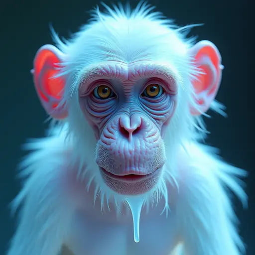 a hyper realistic image in 4K of albino Chimpanzee that looks wears a second skin made of liquid metal shiney glass on her face that shines in neon transparent like glue, similar to an instagram filter