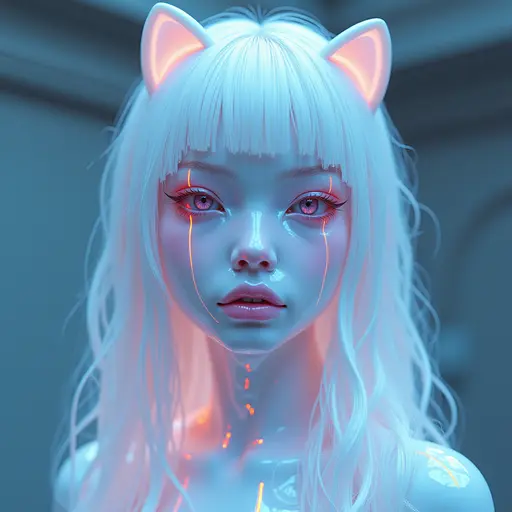 a hyper realistic image in 4K of albino Bongo that looks wears a second skin made of liquid metal shiney glass on her face that shines in neon transparent like glue, similar to an instagram filter