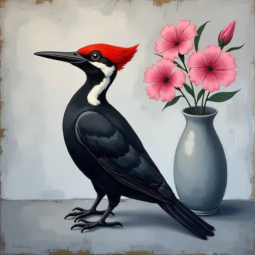 Abstract textured painting of a black Woodpecker sitting next to a vase with pink flowers, in the style of Ann Froud and Paulina P., against a gray background.