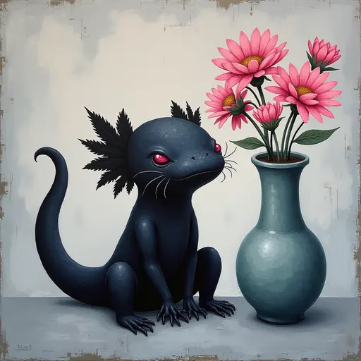 Abstract textured painting of a black Axolotl sitting next to a vase with pink flowers, in the style of Ann Froud and Paulina P., against a gray background.