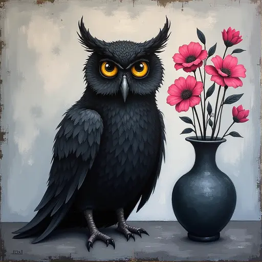 Abstract textured painting of a black Owl sitting next to a vase with pink flowers, in the style of Ann Froud and Paulina P., against a gray background.