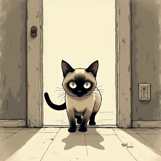 Minimalist ink, survival horror, prowling Siamese Cat