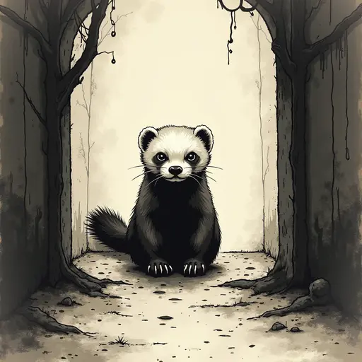 Minimalist ink, survival horror, prowling Ferret