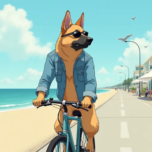 A cat(German Shepherd) wearing a denim jacket and sunglasses, riding a bicycle along the beach promenade, with the ocean breeze blowing, in the style of Miyazaki