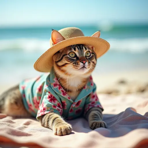 A British Shorthair cat wearing a Hawaiian shirt, lounging on a beach blanket with a sun hat, enjoying the sound of waves on a sunny beach day