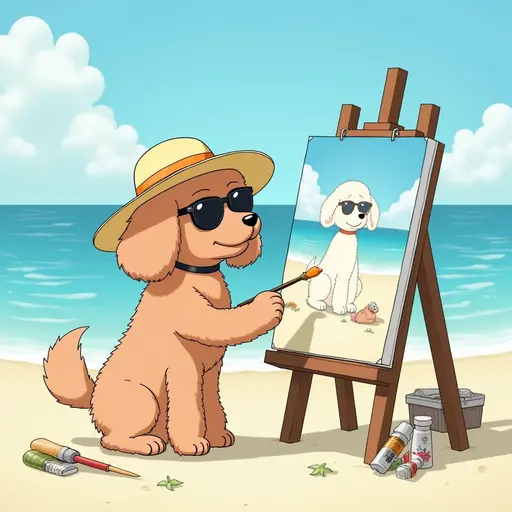 A dog(Poodle) in a sun hat and sunglasses, painting a canvas of the beach scene, with easels and art supplies scattered around, in the style of Miyazaki.