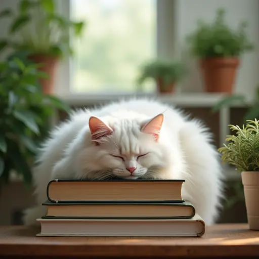 A fluffy white cat dozing off on a stack of books in a cozy home office, surrounded by green houseplants.