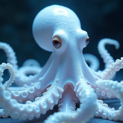 a hyper realistic image in 4K of albino Octopus that looks wears a second skin made of liquid metal shiney glass on her face that shines in neon transparent like glue, similar to an instagram filter