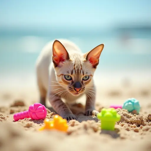 A playful Cornish Rex cat digging in the sand, surrounded by colorful beach toys and a bright, clear sky overhead on a sunny day.