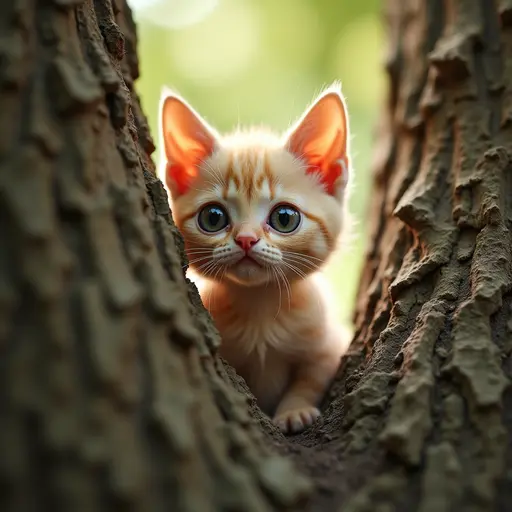 A sweet-faced Devon Rex cat, with its short curly fur, peeking from the top of a tree, eyes sparkling with mischief as it spots a group of playful kids below.