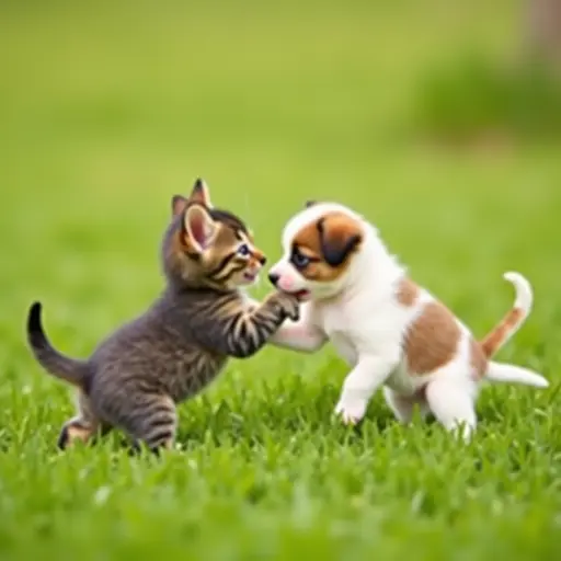 A kitten and a puppy are playing in the grass, chasing each other, showing a close bond of innocent friendship.