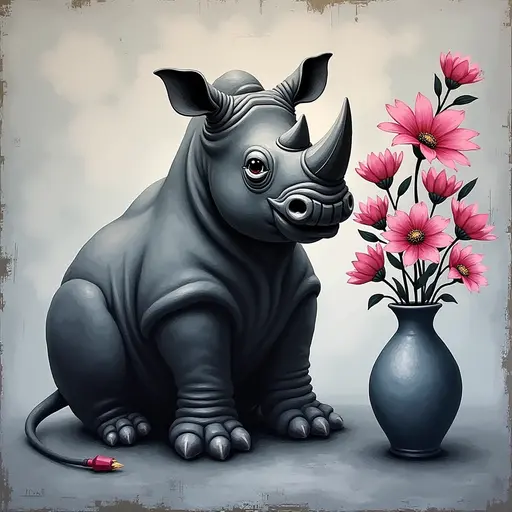 Abstract textured painting of a black Rhinoceros sitting next to a vase with pink flowers, in the style of Ann Froud and Paulina P., against a gray background.