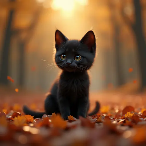 In a patch of autumn leaves, a black kitten sits quietly, its gaze focused on the surroundings, as if pondering the mysteries of the world. - 3d 8k hyper real octane render blender