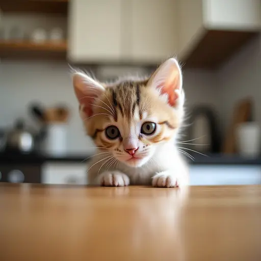 On the kitchen counter, a little kitten is peeking over the edge, wide-eyed and curious, observing everything on the table with innocent fascination.