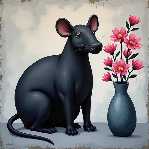 Abstract textured painting of a black Tapir sitting next to a vase with pink flowers, in the style of Ann Froud and Paulina P., against a gray background.