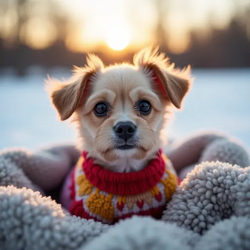 A small dog wearing a colorful sweater, peeking out of a cozy blanket on a chilly winter morning.