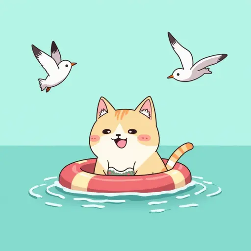 A playful cat in a small lifebuoy, floating in the shallow waves, wearing a tiny swimsuit, with seagulls flying overhead, in the style of Miyazaki.