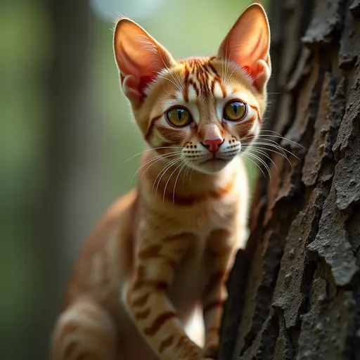 A determined Abyssinian cat, with its short coat and ticking, scaling a tall tree with an adventurous glint in its amber eyes, ready to explore the heights.