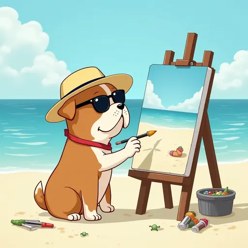 A dog(Bulldog) in a sun hat and sunglasses, painting a canvas of the beach scene, with easels and art supplies scattered around, in the style of Miyazaki.