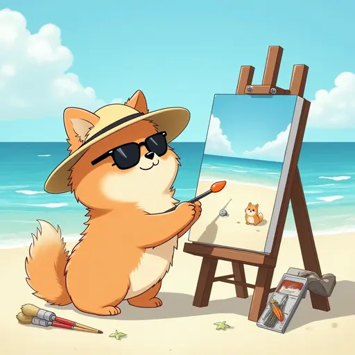 A dog(Pomeranian) in a sun hat and sunglasses, painting a canvas of the beach scene, with easels and art supplies scattered around, in the style of Miyazaki.