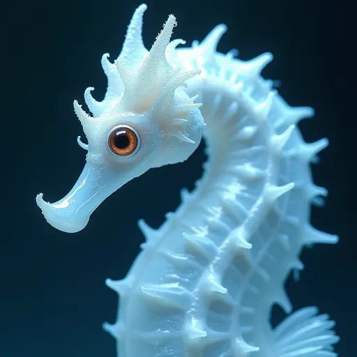 a hyper realistic image in 4K of albino Seahorse that looks wears a second skin made of liquid metal shiney glass on her face that shines in neon transparent like glue, similar to an instagram filter