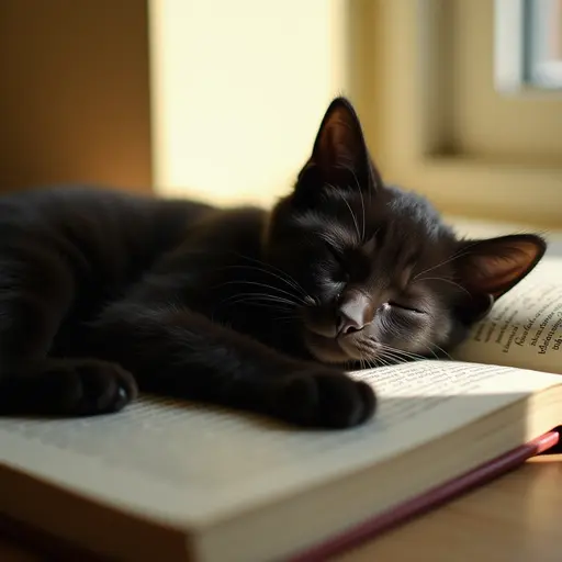 A black kitten is sprawled on a book, sunlight streaming through the window onto its body, with its eyes half-closed, seemingly enjoying this peaceful and beautiful moment.