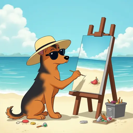 A dog(German Shepherd) in a sun hat and sunglasses, painting a canvas of the beach scene, with easels and art supplies scattered around, in the style of Miyazaki.