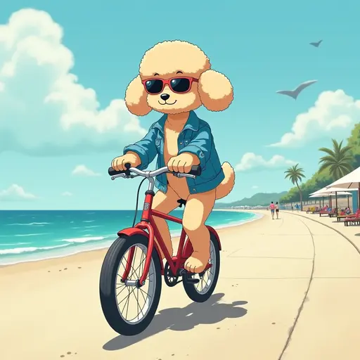 A Poodle wearing a denim jacket and sunglasses, riding a bicycle along the beach promenade, with the ocean breeze blowing, in the style of Miyazaki