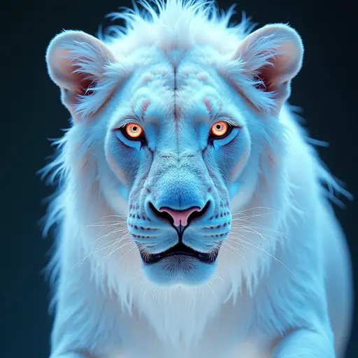 a hyper realistic image in 4K of albino Lion that looks wears a second skin made of liquid metal shiney glass on her face that shines in neon transparent like glue, similar to an instagram filter