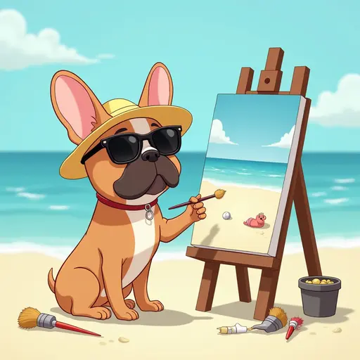 A dog(French Bulldog) in a sun hat and sunglasses, painting a canvas of the beach scene, with easels and art supplies scattered around, in the style of Miyazaki.