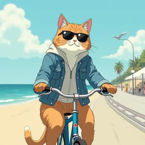 A cat(Birman Cat) wearing a denim jacket and sunglasses, riding a bicycle along the beach promenade, with the ocean breeze blowing, in the style of Miyazaki